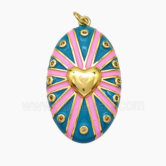 Copper Oval Pendant Teal Enamel Heart Gold Plated