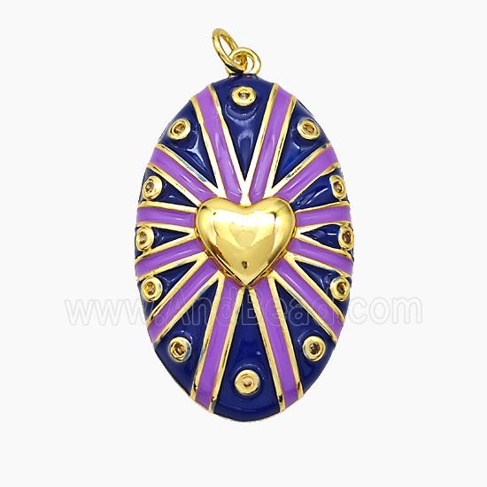 Copper Oval Pendant Blue Enamel Heart Gold Plated