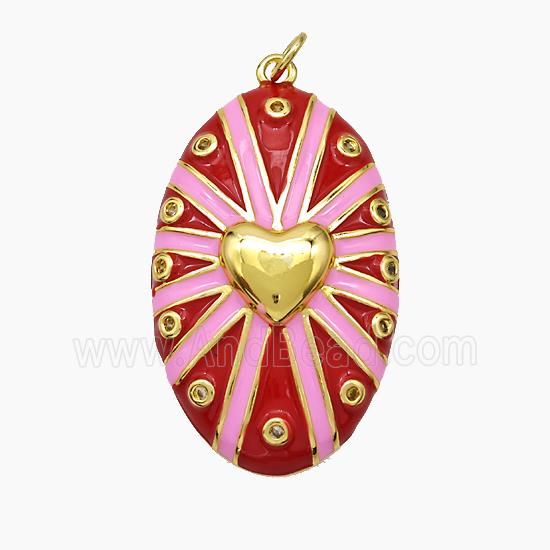 Copper Oval Pendant Pink Red Enamel Heart Gold Plated