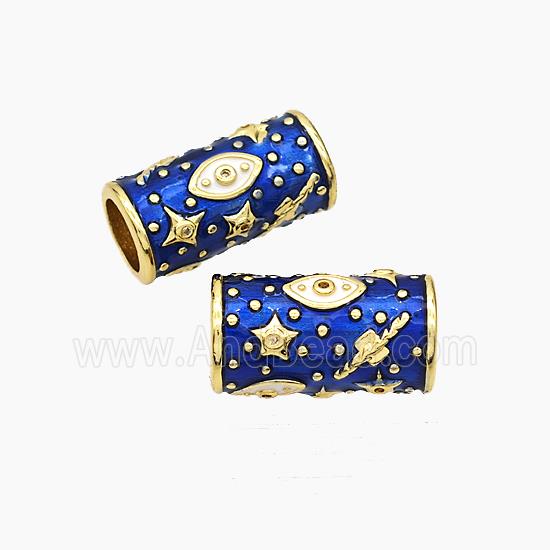 Copper Tube Beads Blue Enamel Star Eye Large Hole Gold Plated