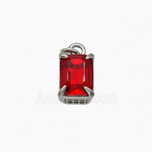 Red Cubic Zirconia Pendant Copper Rectangle Platinum Plated