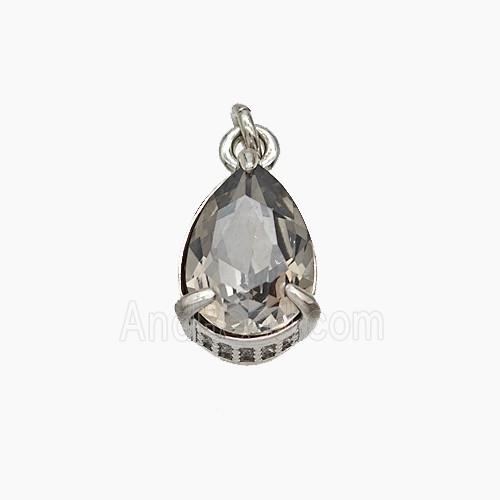 Gray Cubic Zirconia Pendant Copper Teardrop Platinum Plated