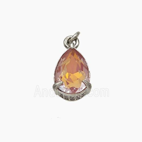 Orange Cubic Zirconia Pendant Copper Teardrop Platinum Plated