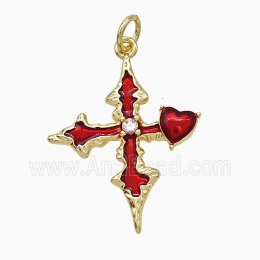 Copper Heart Cross Pendant Pave Zirconia Red Painted Gold Plated