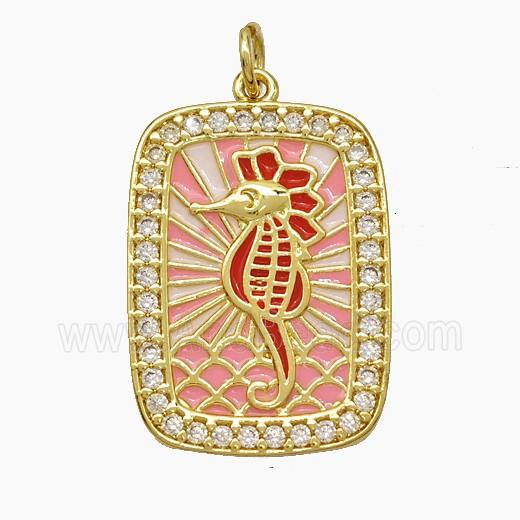 Copper Tarot Card Pendant Pave Zirconia Seahorse Red Enamel Gold Plated