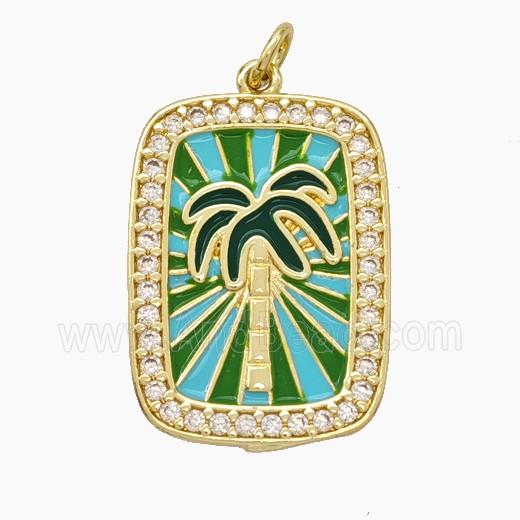 Copper Tarot Card Pendant Pave Zirconia Coconut Tree Palm Enamel Gold Plated