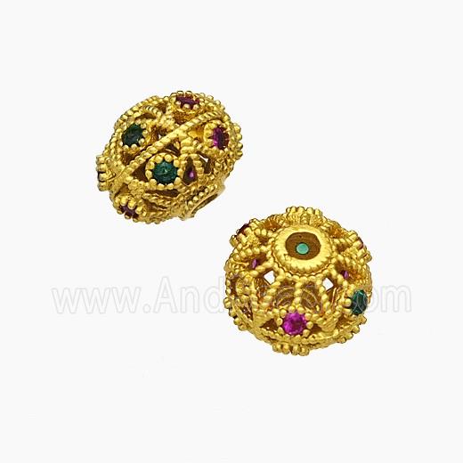 Copper Rondelle Beads With Crystal Glass Hollow Gold Plated