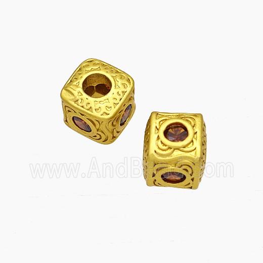 Copper Cube Beads Pave Crystal Glass Large Hole Gold Plated