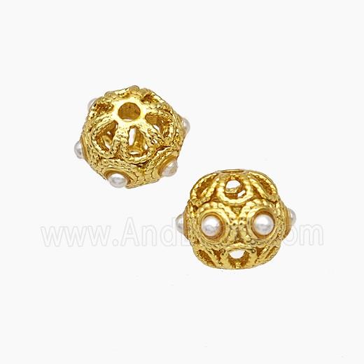 Copper Round Beads Pave Pearlized Resin Hollow Gold Plated