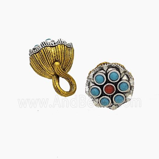 Tibetan Style Alloy Lotus Pendant Pave Dye Turquoise Antique Silver Golden