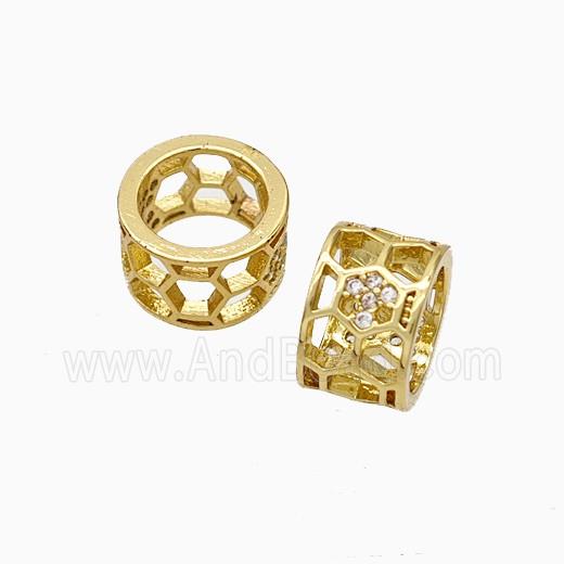 Copper Tube Beads Pave Zirconia Large Hole Hollow Gold Plated