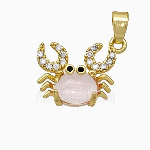 Copper Crab Pendant Pave Zirconia Lt.pink Jade Gold Plated