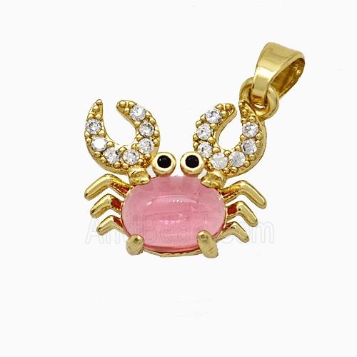 Copper Crab Pendant Pave Zirconia Pink Jade Gold Plated