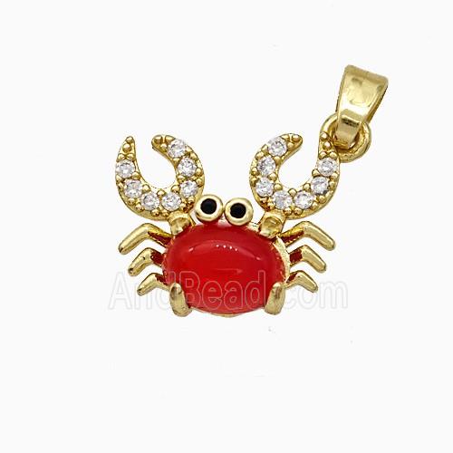 Copper Crab Pendant Pave Zirconia Red Jade Gold Plated
