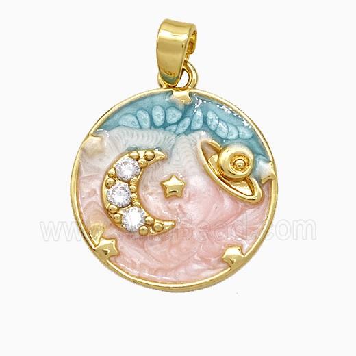 Copper Moon Planet Pendant Pave Zirconia Painted Gold Plated