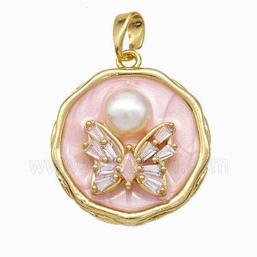 Copper Butterfly Pendant Pave Zirconia Pearlized Resin Pink Painted Gold Plated