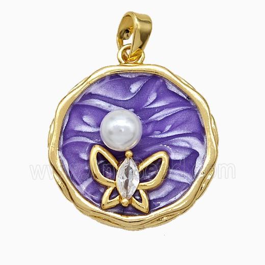 Copper Butterfly Pendant Pave Zirconia Pearlized Resin Purple Painted Gold Plated
