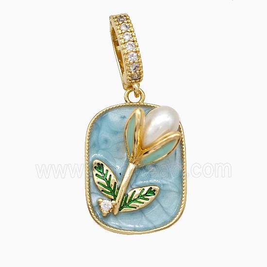 Copper Flower Pendant Pave Pearlized Resin Blue Painted Gold Plated