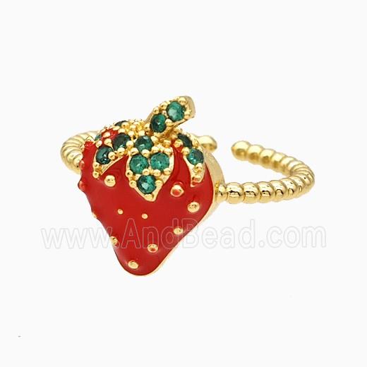 Copper Strawberry Rings Pave Zirconia Red Enamel Gold Plated