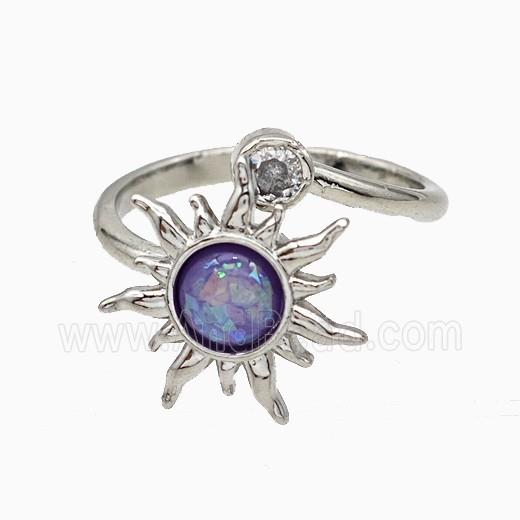 Copper Sunflower Rings Pave Zirconia Fire Opal Rotatable Platinum Plated