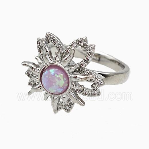 Copper Sunflower Rings Pave Zirconia Fire Opal Rotatable Adjustable Platinum Plated