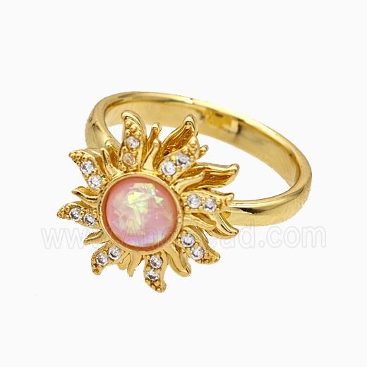 Copper Sunflower Rings Pave Zirconia Fire Opal Rotatable Adjustable Gold Plated