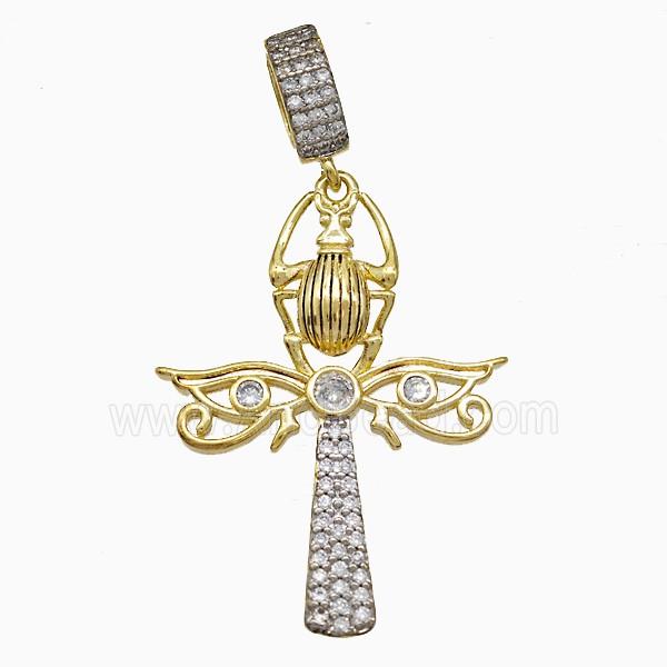 Copper Angel Wing And Ladybug Cross Pendant Pave Zirconia Gold Plated