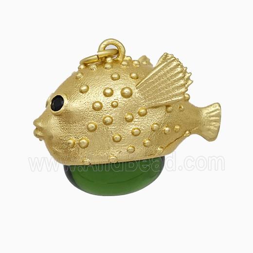 Copper Fish Pendant With Green Catseye Gold Plated