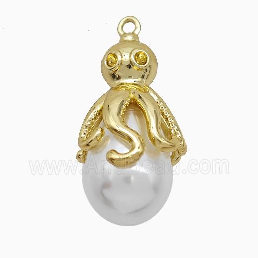 Copper Octopus Pendant Pave Pearlized Resin Cuttlefish Gold Plated