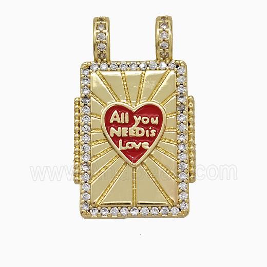 Copper Tarot Card Pendant Micropave Zirconia Red Enamel Heart 2loops Rectangle Gold Plated