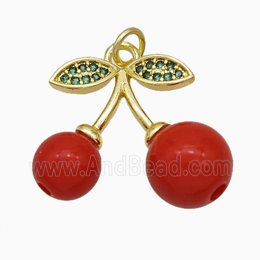 Copper Cherry Pendant Pave Zirconia Red Resin Gold Plated