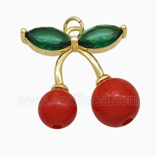 Copper Cherry Pendant Pave Red Resin Gold Plated