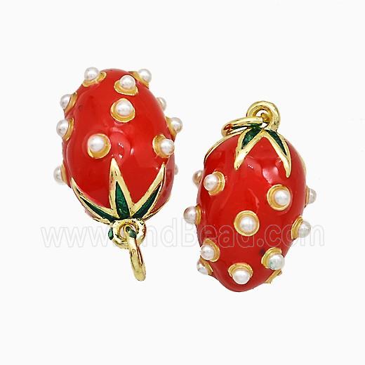 Copper Strawberry Pendant Pave Pearlized Resin Red Enamel Gold Plated