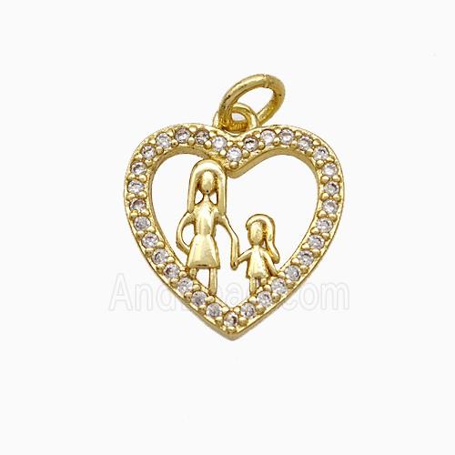 Copper Heart Pendant Pave Zirconia Mother and Daughter Gold Plated