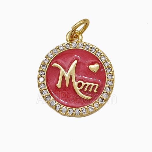 Copper Circle Pendant Pave Zirconia Red Enamel Mom Gold Plated