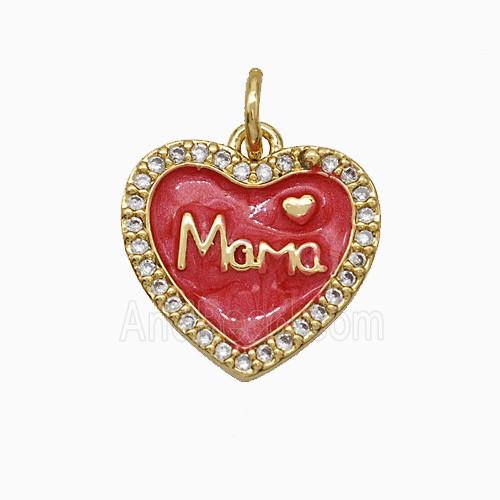 Copper Heart Pendant Pave Zirconia Red Enamel Mama Gold Plated