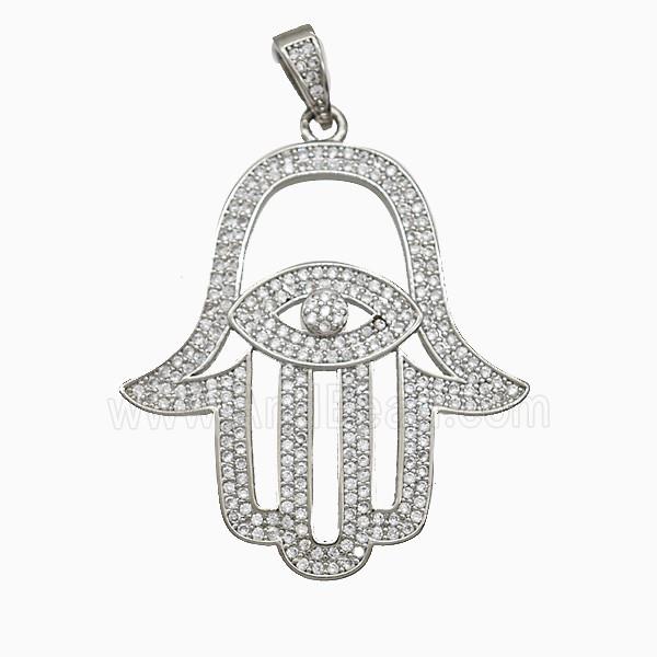 Copper Hansahand Pendant Micropave Zirconia Eye Platinum Plated