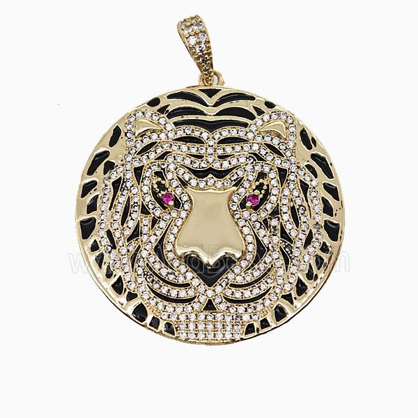Copper Tiger Pendant Micropave Zirconia Black Enamel Gold Plated