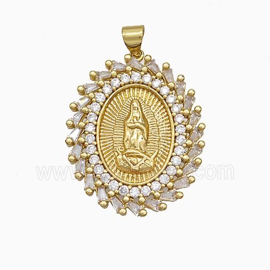 Copper Virgin Mary Pendant Pave Zirconia Oval Gold Plated