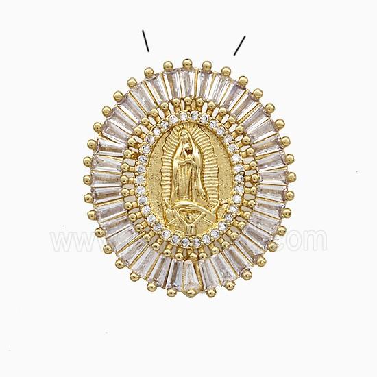 Copper Virgin Mary Pendant Pave Zirconia Oval Gold Plated