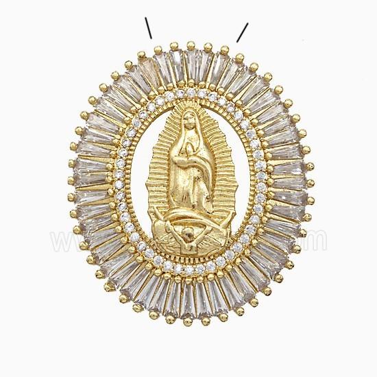 Copper Virgin Mary Pendant Pave Zirconia Oval Gold Plated