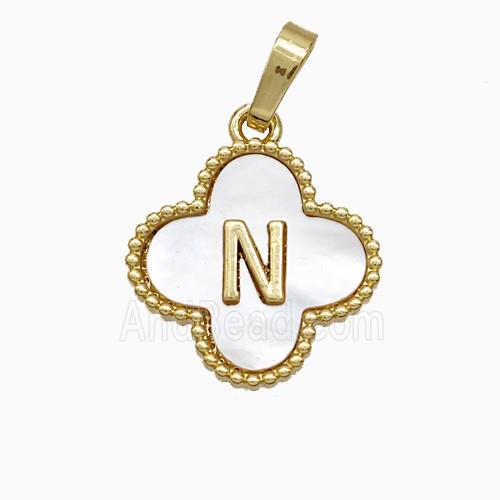 Copper Clover Pendant Pave Shell Letter-N 18K Gold Plated