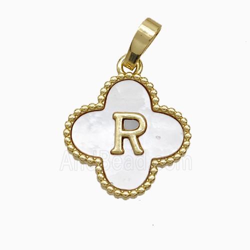 Copper Clover Pendant Pave Shell Letter-R 18K Gold Plated