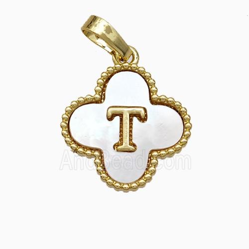 Copper Clover Pendant Pave Shell Letter-T 18K Gold Plated