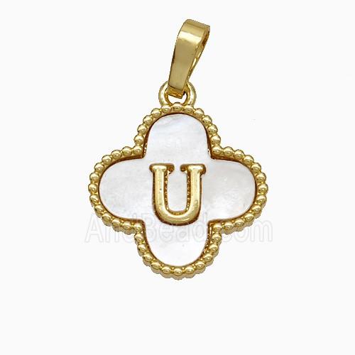 Copper Clover Pendant Pave Shell Letter-U 18K Gold Plated