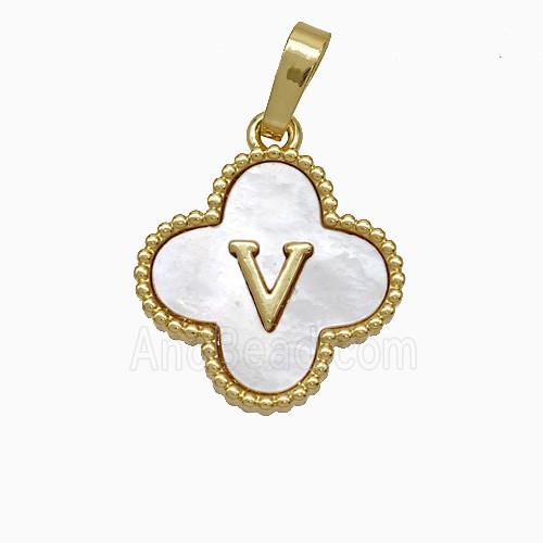 Copper Clover Pendant Pave Shell Letter-V 18K Gold Plated