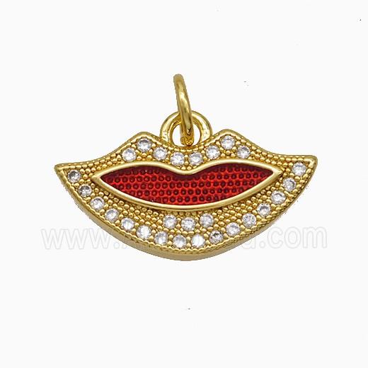 Copper Lips Pendant Pave Zirconia Red Painted 18K Gold Plated