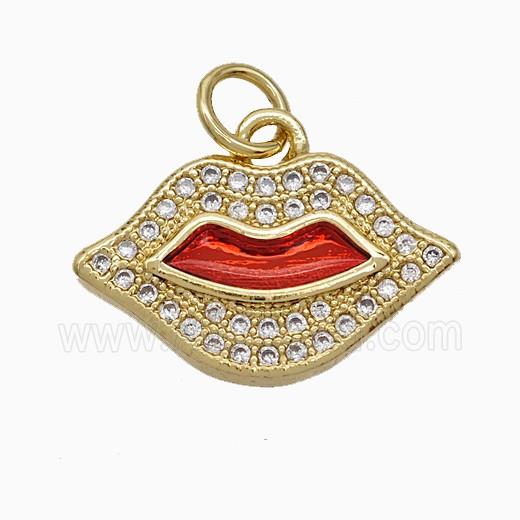 Copper Lips Pendant Pave Zirconia Red Painted 18K Gold Plated