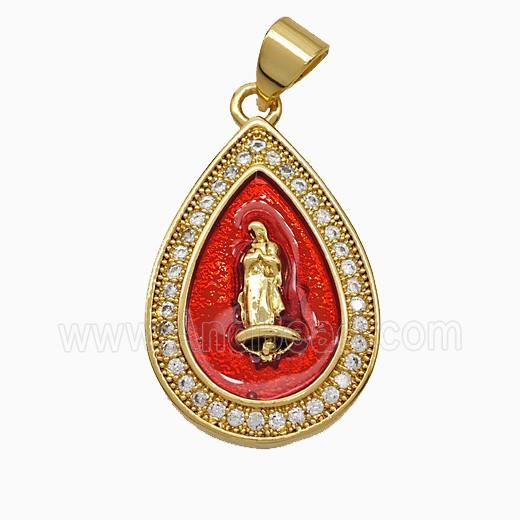 Copper Jesus Teardrop Pendant Pave Zirconia Red Painted 18K Gold Plated