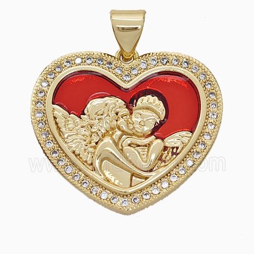Copper Angel Heart Pendant Pave Zirconia Red Painted 18K Gold Plated